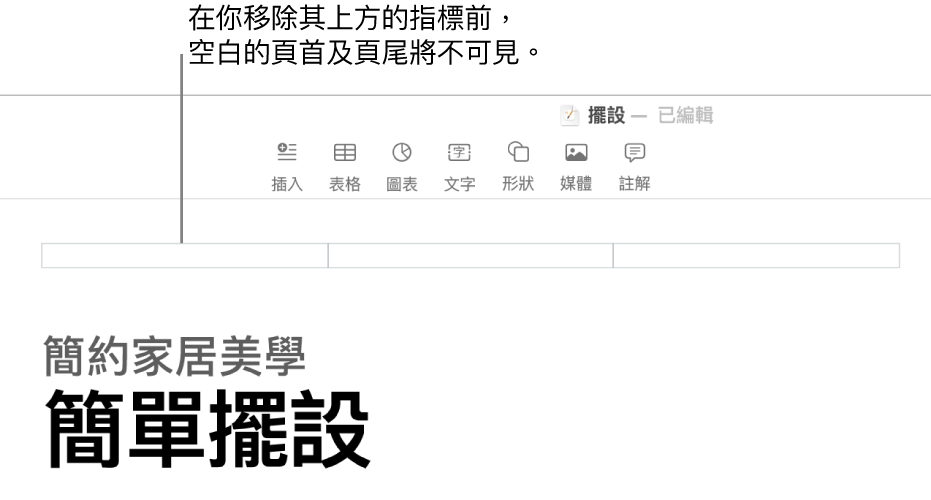 文件標題上的三個頁首欄位。