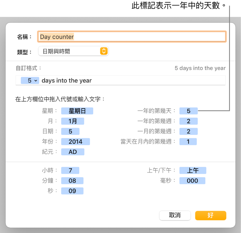 帶有控制項目的自訂輸入格格式視窗，用來選擇自訂日期與時間格式。