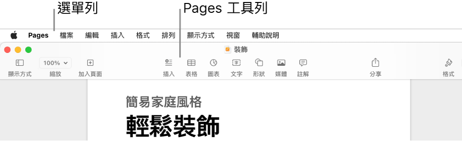 螢幕最上方的選單列，其中包含「蘋果」、Pages、「檔案」、「編輯」、「插入」、「格式」、「排列」、「顯示方式」、「分享」、「視窗」和「輔助說明」選單。選單列下方為打開的 Pages 文件，最上方分別為「顯示方式」、「縮放」、「加入頁面」、「插入」、「表格」、「圖表」、「文字」、「形狀」、「媒體」和「註解」工具列按鈕。