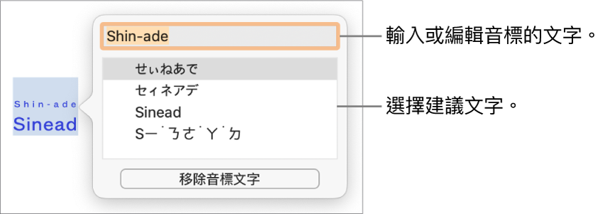 單字已啟用音標，帶有文字欄位和建議文字的說明文字。