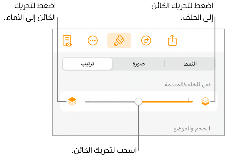 زر تحريك للخلف، وزر تحريك للأمام، وشريط تمرير الطبقة.