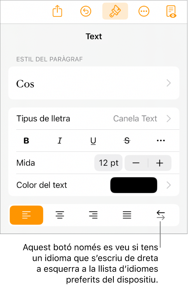 Controls de text del menú Format amb una llegenda per al botó “De dreta a esquerra”.