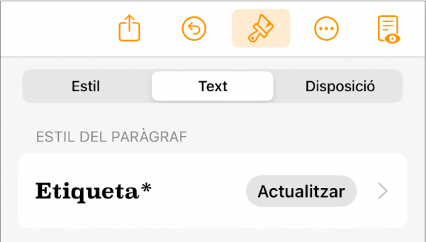 L’estil de paràgraf amb un asterisc al costat i un botó Actualitzar a la dreta.