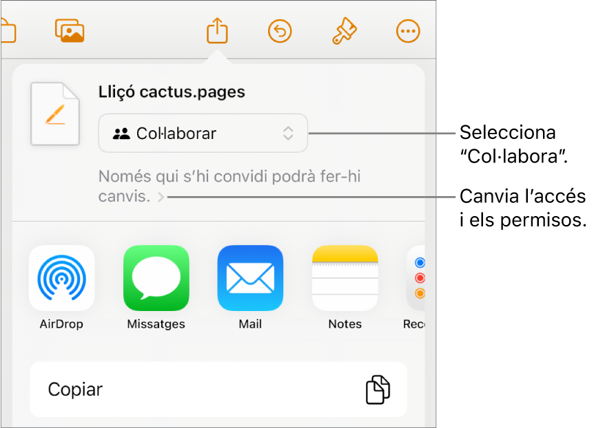 Menú “Compartir” amb l’opció “Col·laborar” seleccionada a la part superior i la configuració dels permisos a sota.