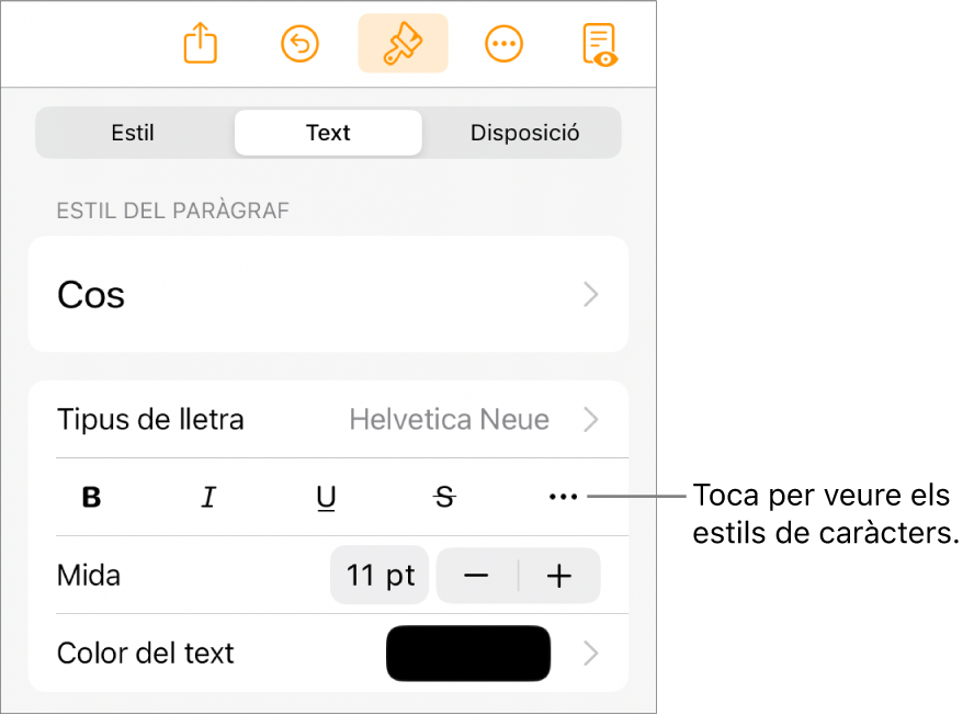 Els controls de Format amb estils de paràgraf a la part superior i, després, els controls de “Tipus de lletra”. A sota de “Tipus de lletra” hi ha els botons Negreta, Cursiva, Subratllat, Ratllat i “Més opcions de text”.