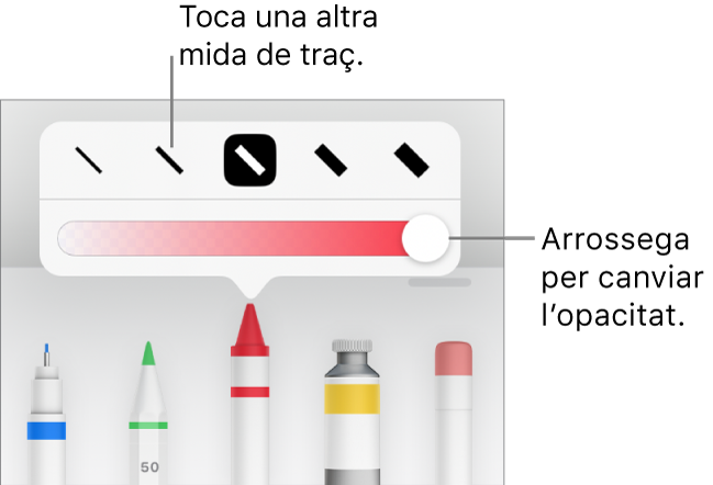 Controls per triar una mida de traç i un regulador per ajustar‑ne l’opacitat.