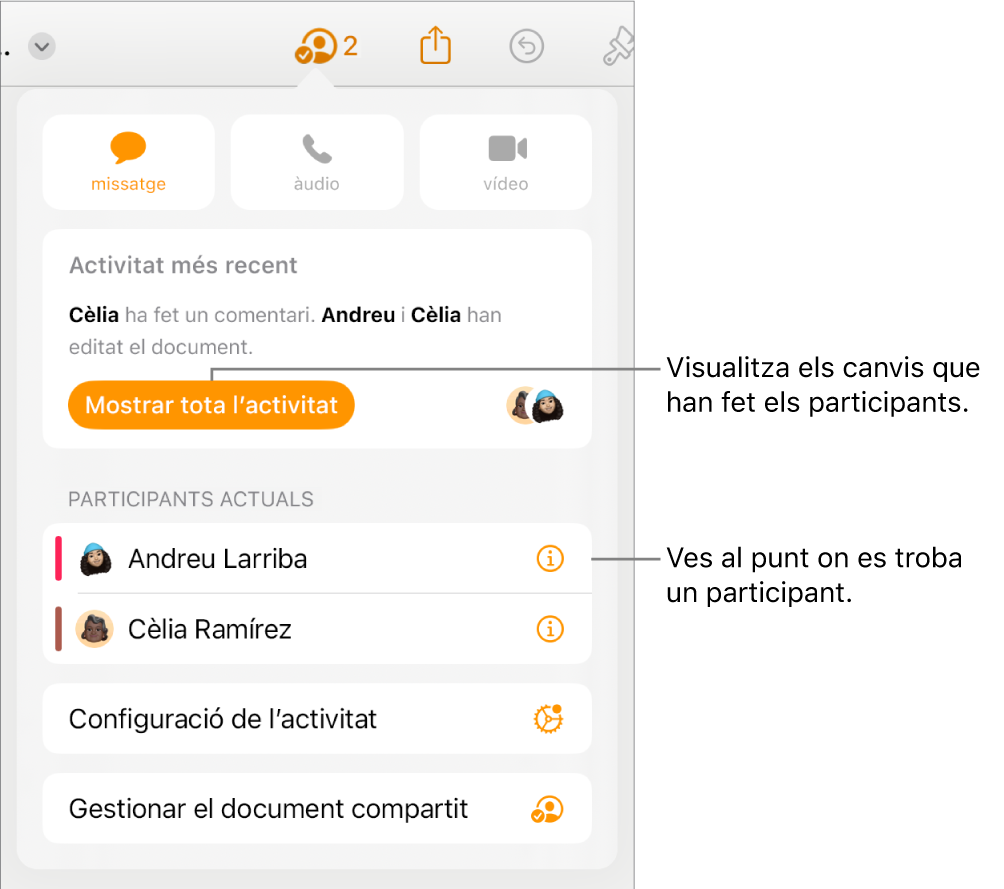 Menú de col·laboració amb una llista dels participants actuals.