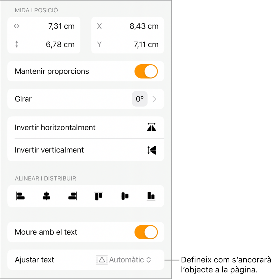 Els controls de format amb la pestanya Organitzar seleccionada amb “Moure enrere/davant”, “Moure amb el text” i “Ajustar text”.