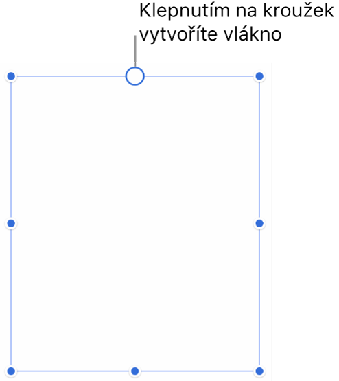 Prázdný textový rámeček s bílým kroužkem v horní části a úchyty pro nastavení velikosti v rozích, na stranách a ve spodní části