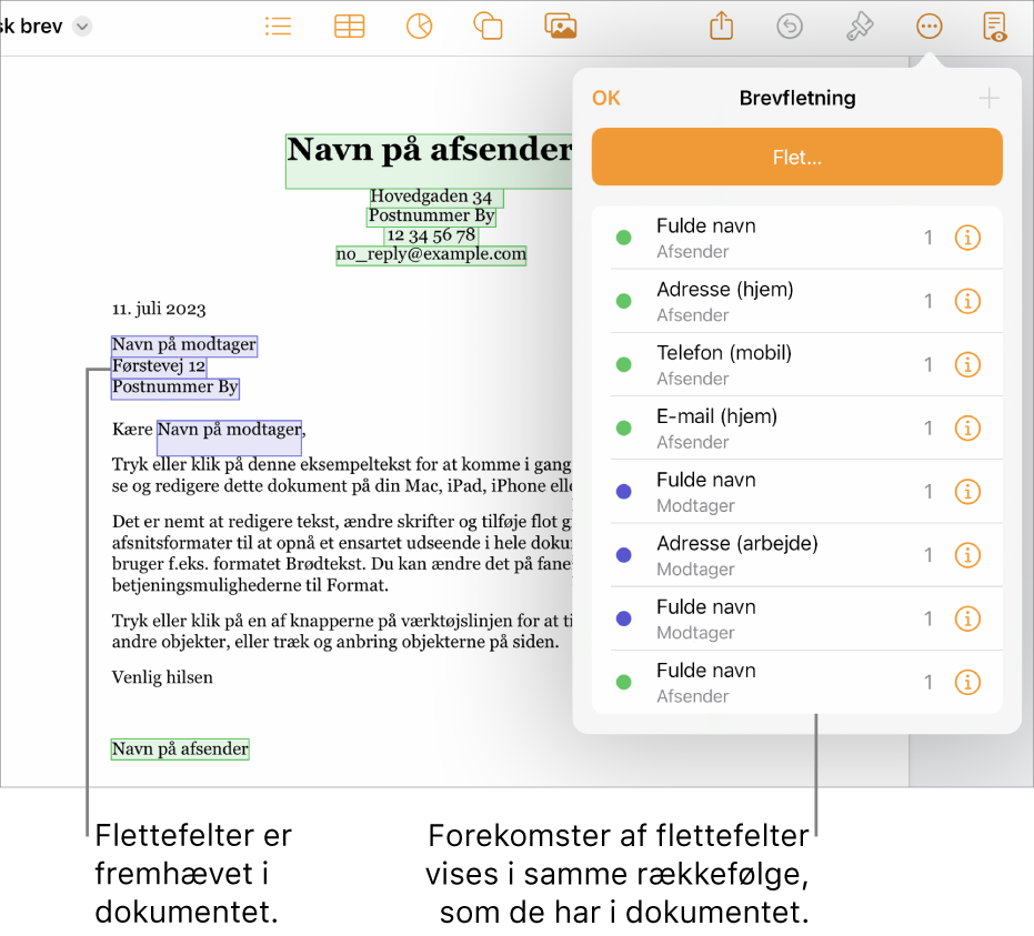 Pages-dokument med modtager- og afsenderfelter til brevfletning, og listen over forekomster af flettefelter vises i indholdsoversigten Dokument.