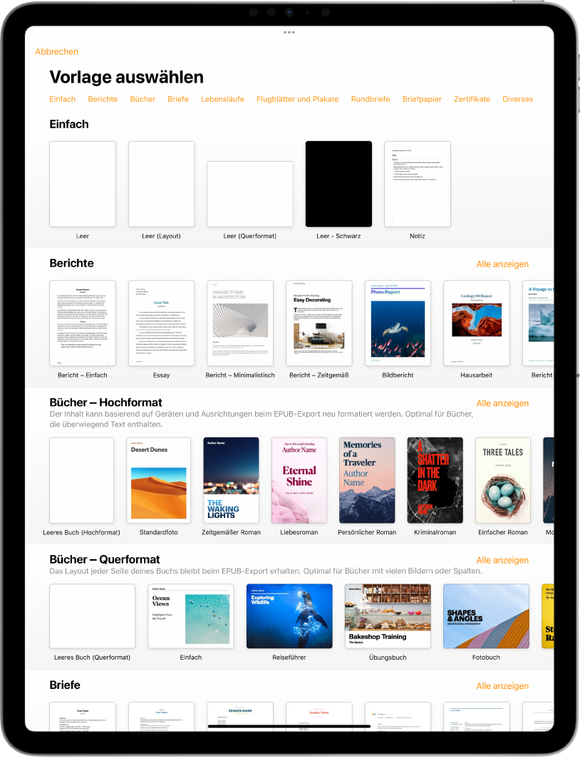 Die Vorlagenauswahl zeigt oben eine Zeile mit Kategorien, auf die du tippen kannst, um die Optionen zu filtern. Darunter sind die Miniaturen der vordefinierten Vorlagen in Zeilen nach Kategorie sortiert, angefangen bei „Zuletzt benutzt“ oben und gefolgt von „Einfach“ und „Berichte“. Die Taste „Alle anzeigen“ befindet sich über und rechts von jeder Kategoriezeile.