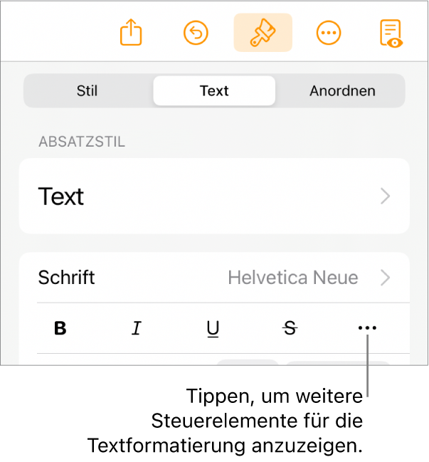 Der Tab „Text“ der Formatsteuerungen mit einer Beschreibung für die Taste „Weitere Textoptionen“.