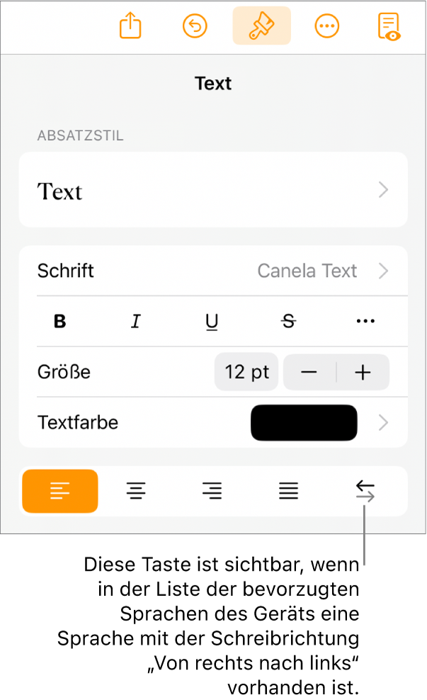 Die Textsteuerelemente im Menü „Format“ mit einer Beschreibung der Taste „Von rechts nach links“