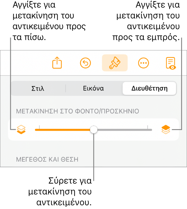 Το κουμπί Μετακίνησης προς τα πίσω, το κουμπί Μετακίνησης προς τα εμπρός, και το ρυθμιστικό διαστρωμάτωσης.