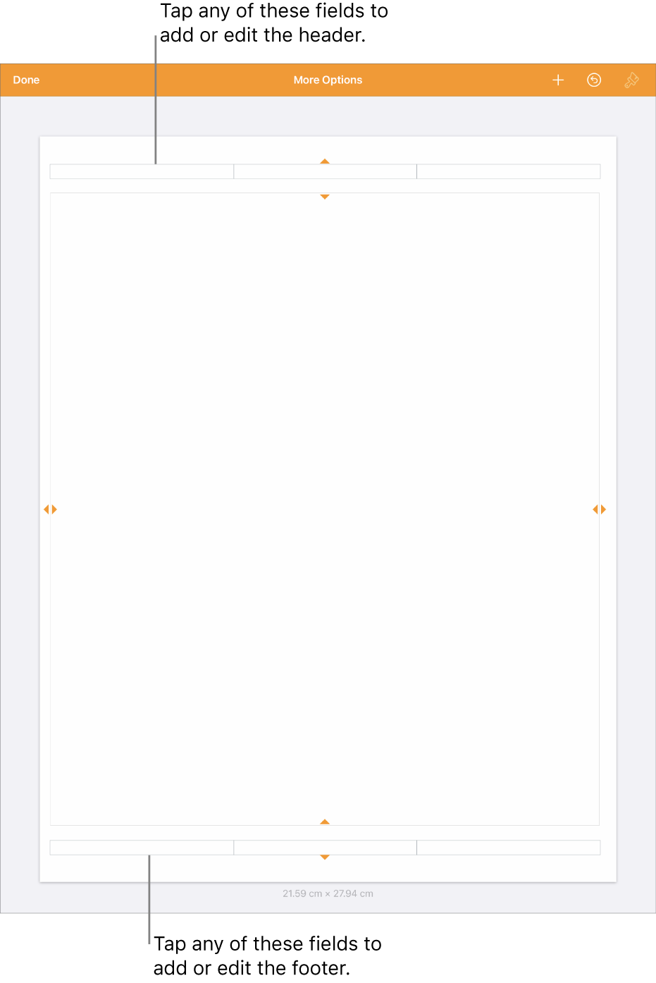 The More Options view with three fields at the top of the document for headers and three fields at the bottom for footers.