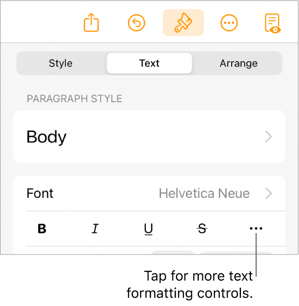 The Text tab of the Format controls, with a callout to the More Text Options button.