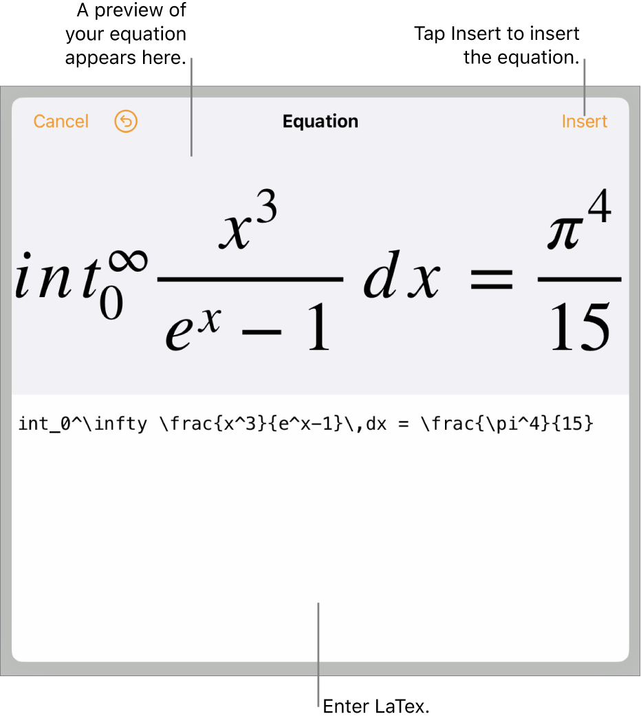 The Equation dialogue, showing an equation written using LaTex commands, and a preview of the formula above.