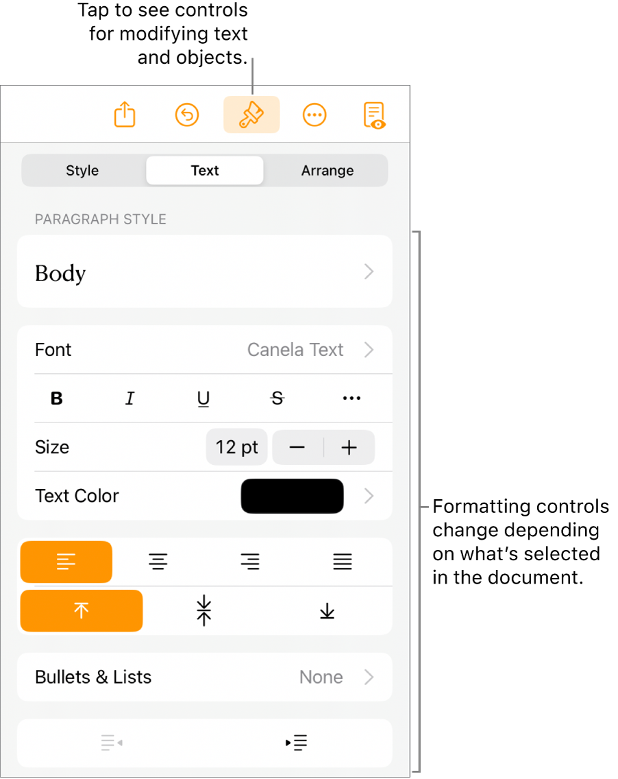 The Format controls open and showing controls to change paragraph style, modify fonts, and format font spacing. Callouts at the top point out the Format button in the toolbar and to its right, the Insert button to add objects to the page.