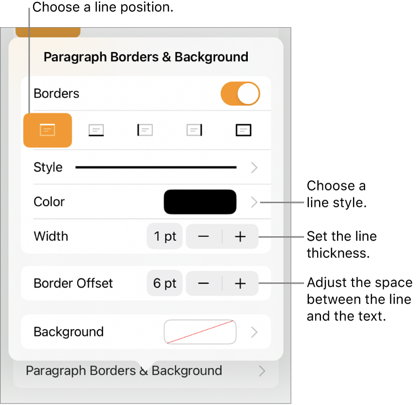 Controls to change the line style, thickness, position, and color.