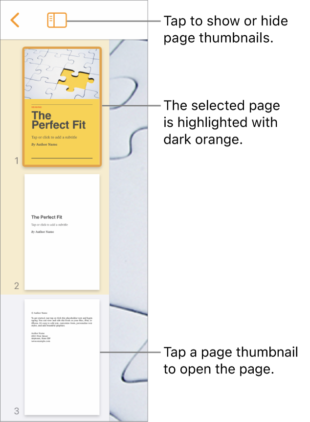 Page Thumbnails view on the left side of the screen with a two-page section, a separator line, then one page of the next section. The View button is above the thumbnails.