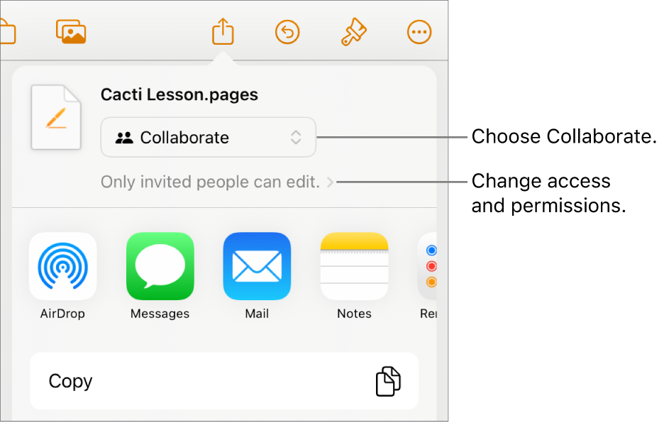 The Share menu with Collaborate selected at the top, and access and permission settings underneath.