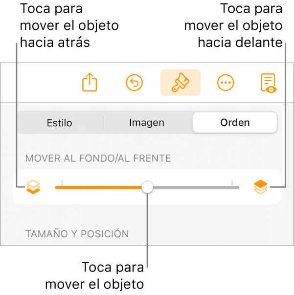 Botón Mover hacia atrás, botón Mover hacia delante y regulador de capa.