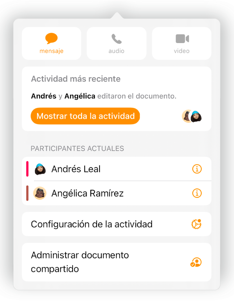 El menú de colaboración mostrando los nombres de las personas que colaboran en el documento.