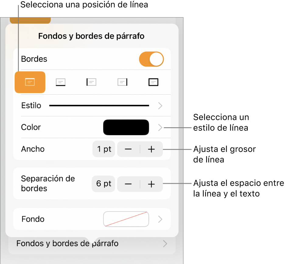 Controles para cambiar el estilo de línea, grosor, posición y color.