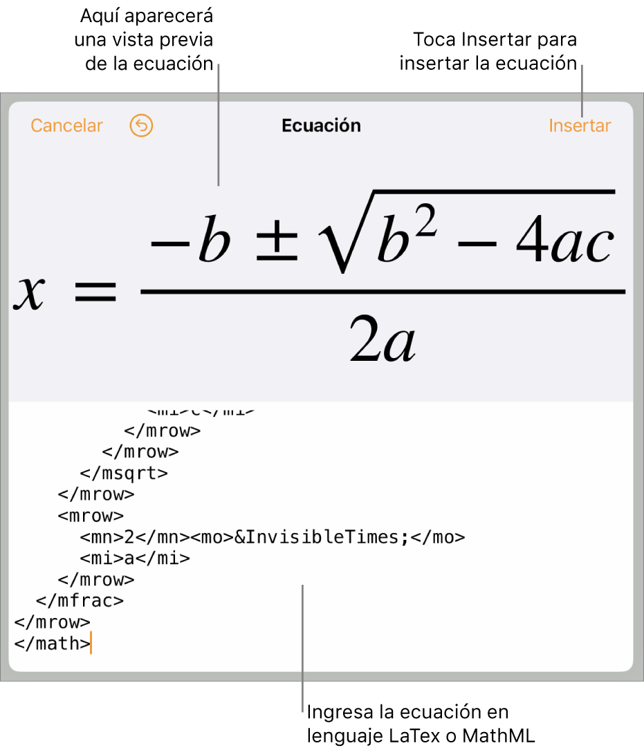 El cuadro de diálogo Ecuación con una ecuación escrita con comandos de MathML y una vista previa de la fórmula encima.