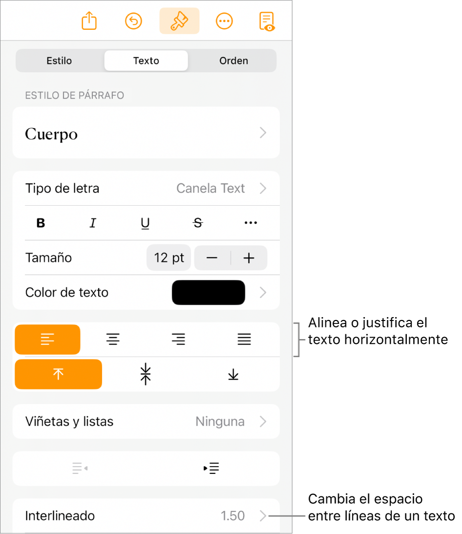 El botón controles de formato con la pestaña Texto seleccionada y mensajes en los botones de alineación de texto y el elemento de menú Interlineado.