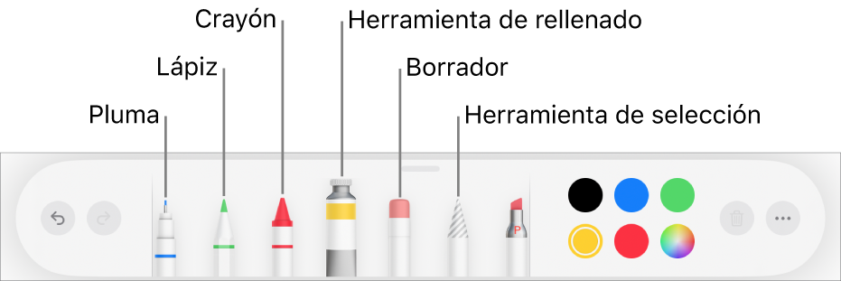 La barra de herramientas de dibujo en Pages en el iPad con un bolígrafo, un lápiz, un crayón, la herramienta de relleno, el borrador, la herramienta de selección y la paleta de colores mostrando el color actual.