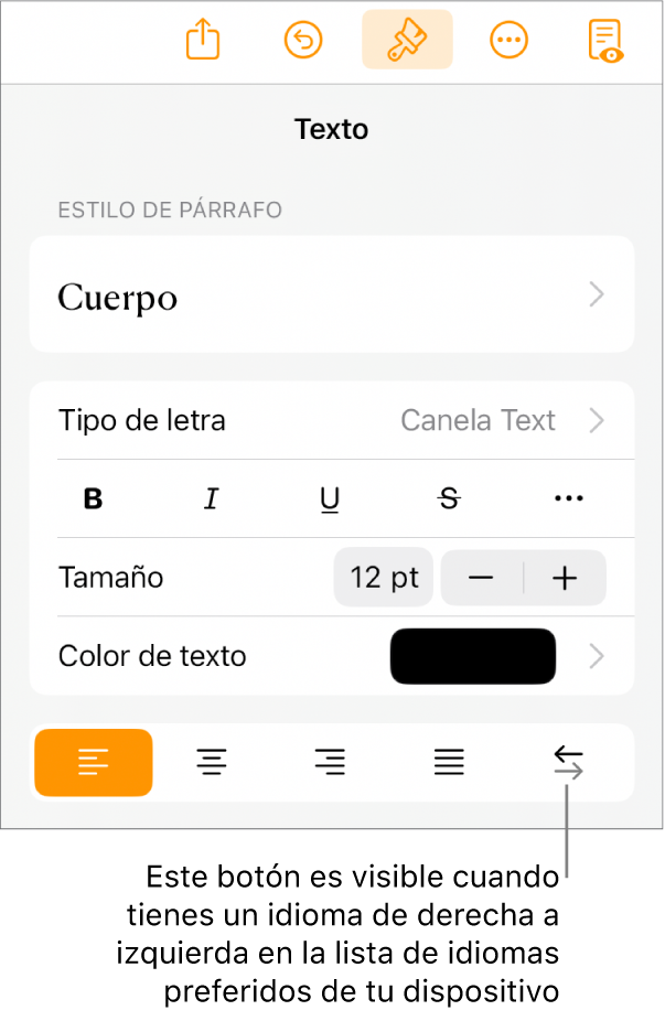 Los controles de texto se encuentran en el menú de Formato con un mensaje que señala el botón de derecha a izquierda.