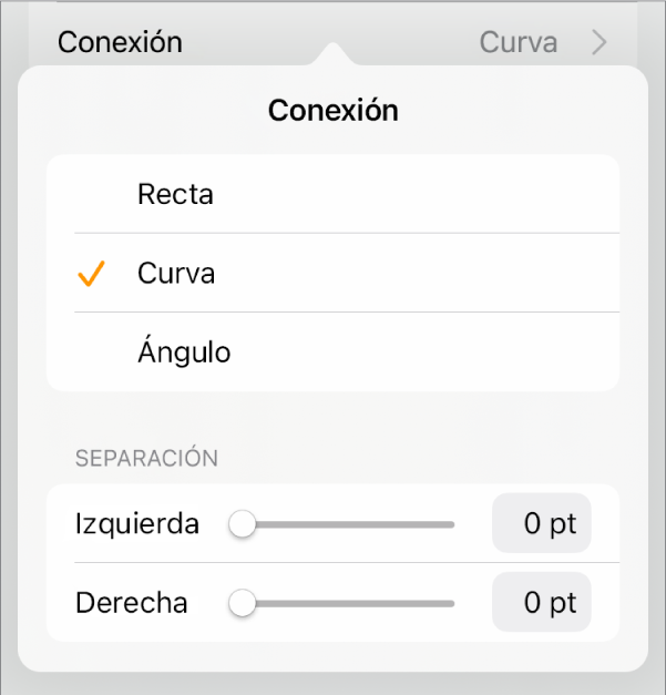Los controles de Conexión con la opción Curva seleccionada.