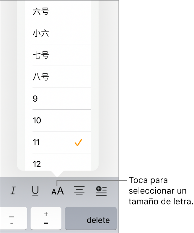 El botón “Tamaño de letra” en la parte derecha del teclado del iPad con el menú “Tamaño de la letra”. En la parte superior del menú aparecen los tamaños de tipo de letra estándar gubernamentales de China continental, con los tamaños en puntos debajo.