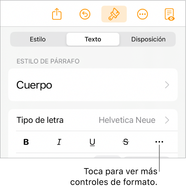 La pestaña Texto de los controles de formato, con una llamada al botón “Más opciones de texto”.