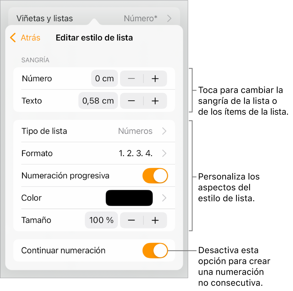 Menú “Estilo de lista” con controles para el interlineado de la sangría, el tipo de lista y el formato, la numeración progresiva, el color de la lista y el tamaño, y la numeración continua.