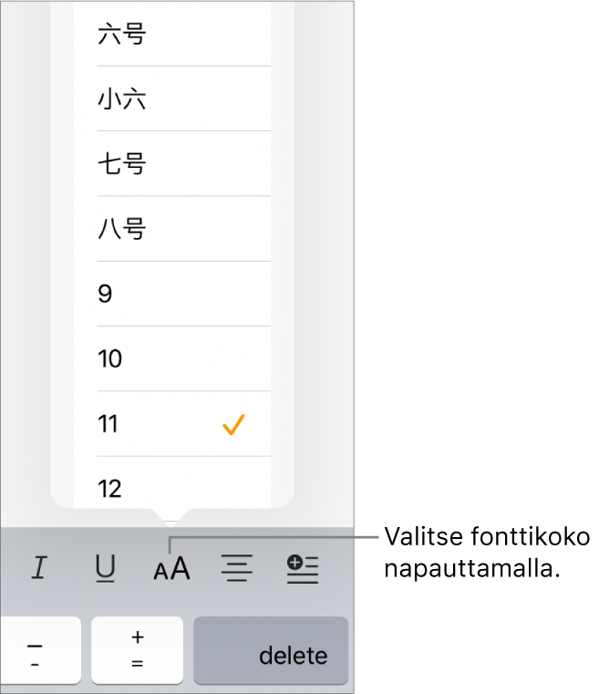 Fonttikoko-painike iPadin näppäimistön oikealla puolella ja Fonttikoko-valikko avoinna. Manner-Kiinan hallinnon standardifonttikoot näkyvät valikon yläreunassa ja pistekoot niiden alla.