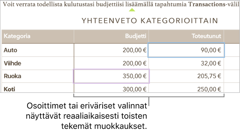 Erivärisiä kohdistimia ja valintoja näkyy kohdissa, joita eri käyttäjät parhaillaan muokkaavat.