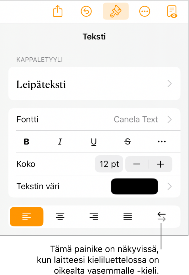 Muoto-valikon tekstisäätimet ja selite, joka osoittaa Oikealta vasemmalle -painikkeeseen.