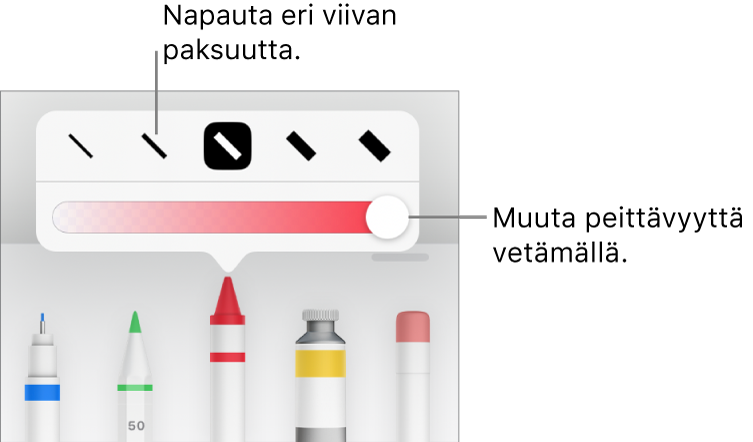 Viivan paksuuden valitsemisen säädin ja peittävyyden säätämisen liukusäädin.