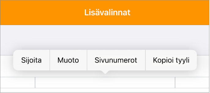 Kolme yläotsakekenttää, joista keskimmäisessä on lisäyskohta, ja ponnahdusvalikko, jossa näkyy Sivunumerot.