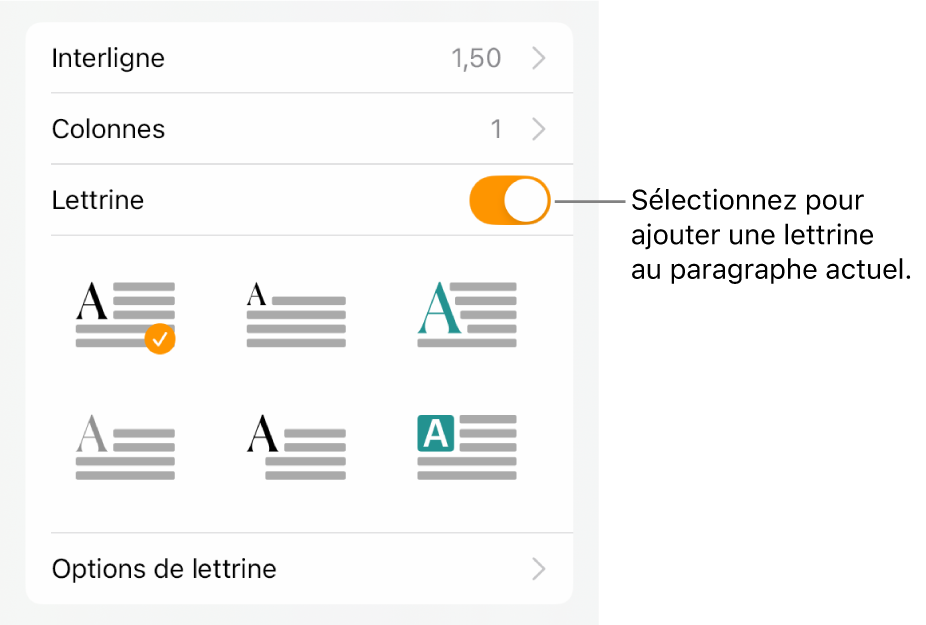 Les commandes Lettrine situées dans le menu Texte.
