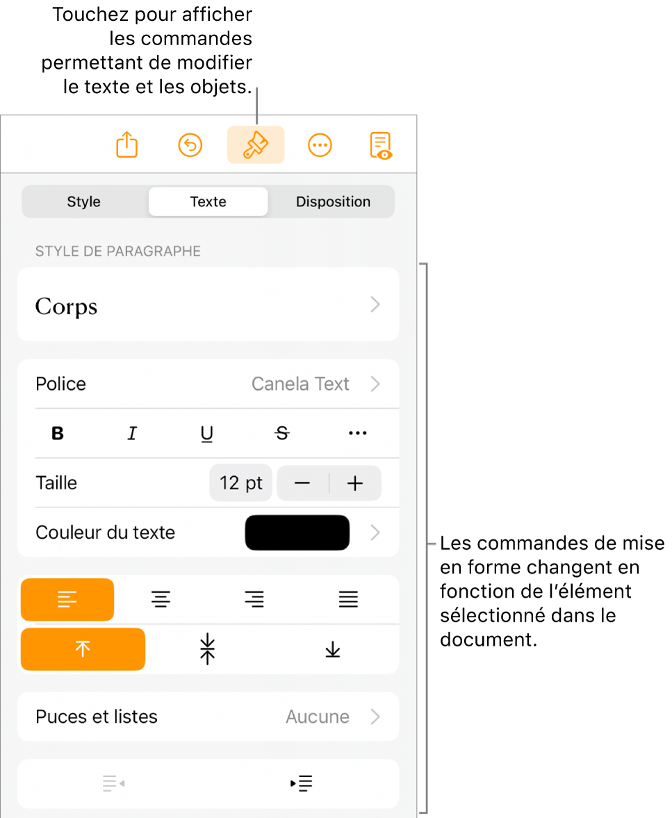 Les commandes Format s’ouvrent et affichent des commandes pour modifier le style de paragraphe, les polices et le format des polices d’espacement. Les légendes en haut montrent le bouton Format dans la barre d’outils et à sa droite, le bouton Insérer pour ajouter des objets à la page.