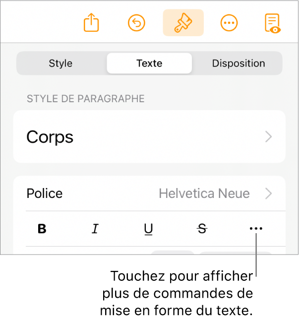 Onglet Texte des commandes Format accompagné d’une légende pour le bouton Plus d’options de texte.