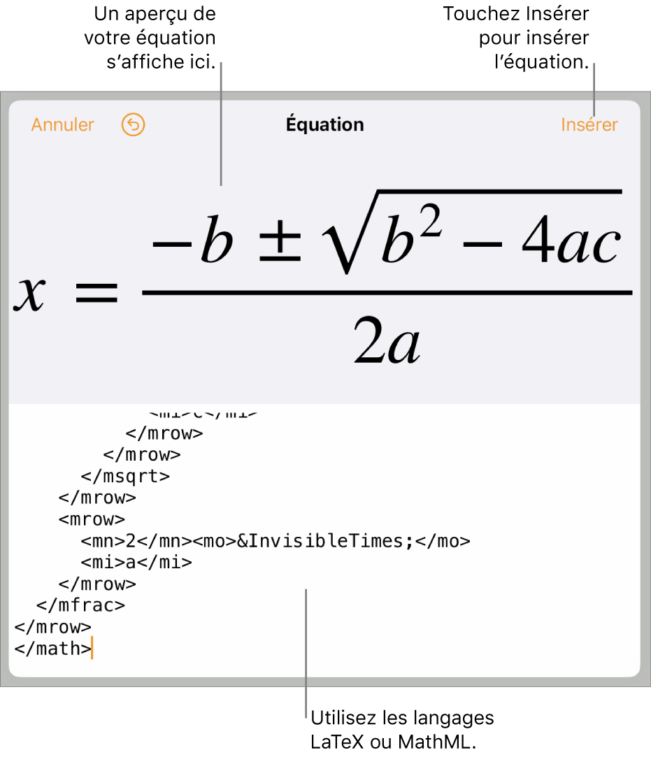 Zone de dialogue Équation, affichant une équation composée à l’aide des commandes MathML et aperçu de la formule au-dessus.