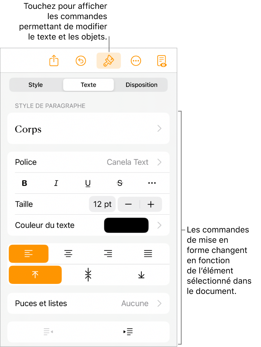 Les commandes Format s’ouvrent et affichent des options pour changer le style des paragraphes, modifier les polices et mettre en forme l’espacement des polices. Des légendes en haut indiquent le bouton Format dans la barre d’outils et, à sa droite, le bouton Insérer pour ajouter des objets à la page.