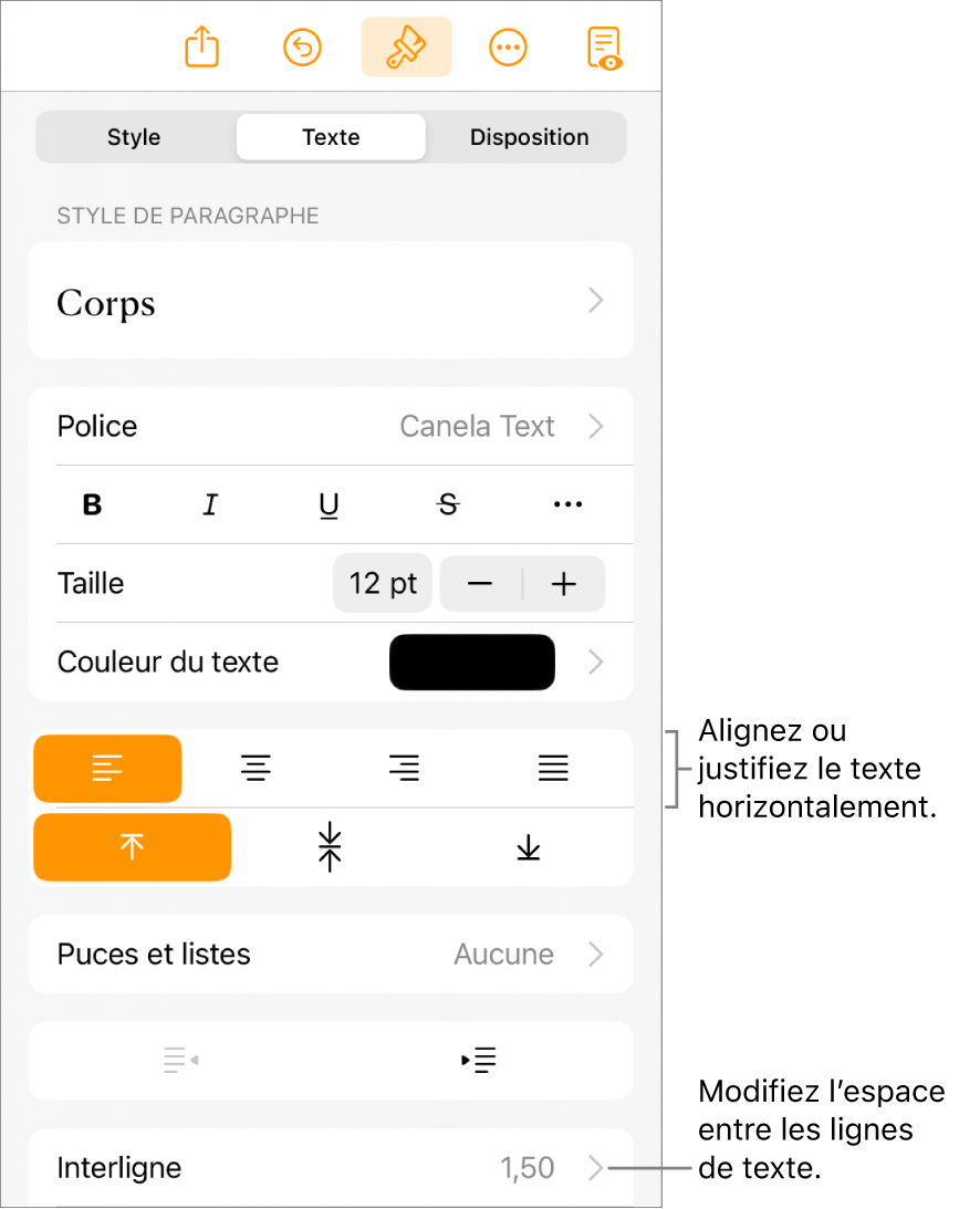 Le bouton des commandes Format avec l’onglet Texte sélectionné et des légendes vers les boutons d’alignement du texte et l’élément de menu Interligne.