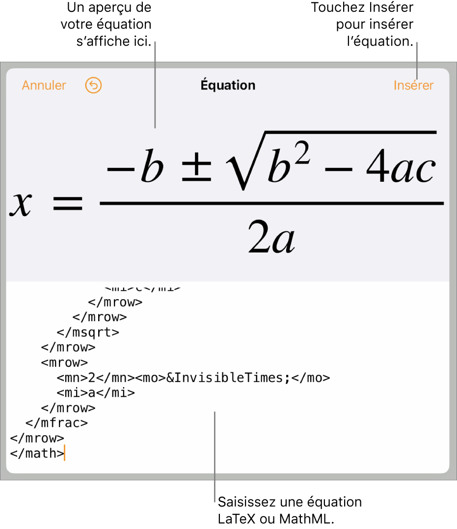 Zone de dialogue Équation, affichant une équation composée à l’aide des commandes MathML, et un aperçu de la formule au-dessus.