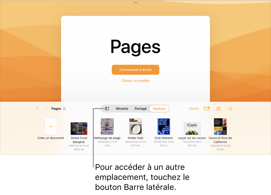 La présentation de navigation du gestionnaire de documents avec le bouton Barre latérale dans le coin supérieur gauche. En haut à droite se trouvent le bouton Ajouter, le bouton Nouveau dossier, le bouton Icônes (pour trier par nom, par date, par taille ou par tag), le bouton Sélectionner et le bouton Rechercher. En dessous de ces éléments se trouvent les vignettes des documents existants.