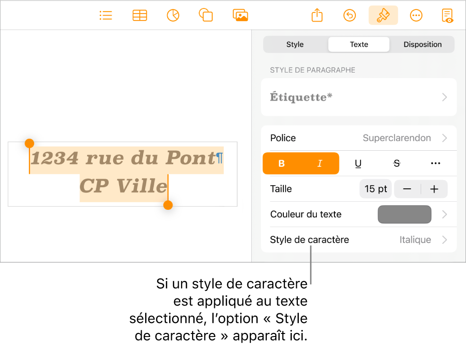 Commandes de mise en forme de texte avec Style de caractère au-dessous des commandes « Couleur de texte ».